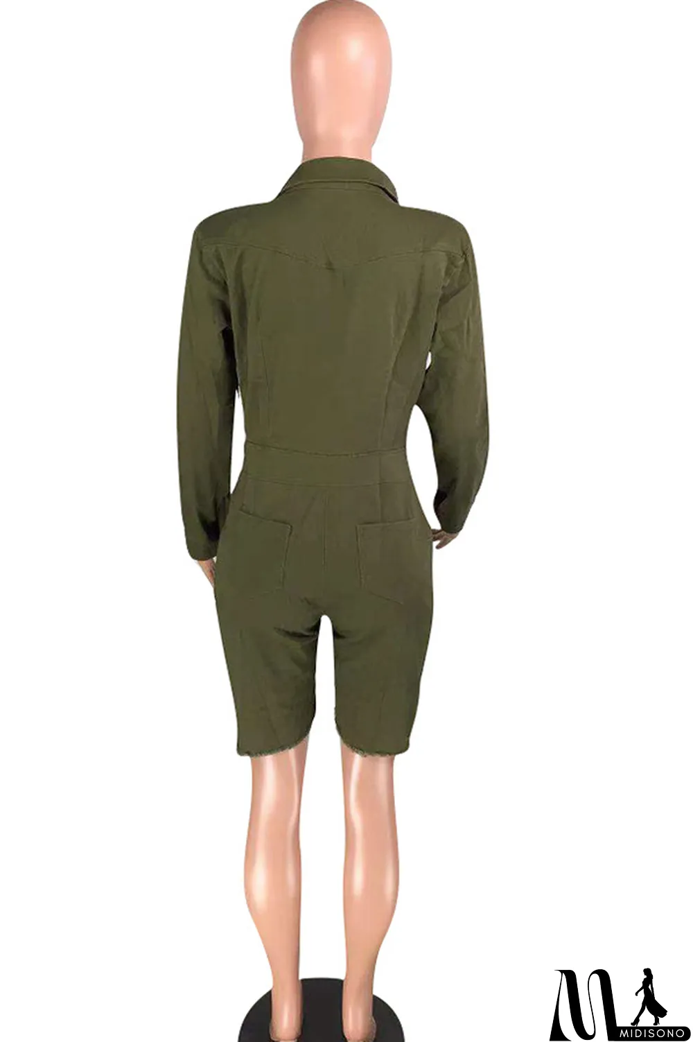 MidiSono - Black Sexy Solid Button washing Cotton Long Sleeve Turndown Collar Rompers