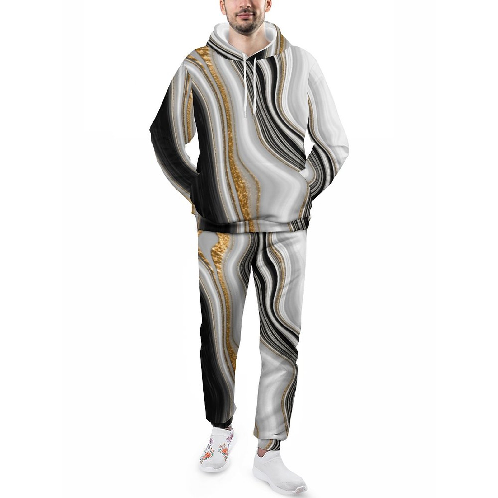 Elegant Stylish Black White Marble Men's Sweatsuits Set Guys Loose Fall And Winter Athletic Pullover And Sweatpants Suit Outfit