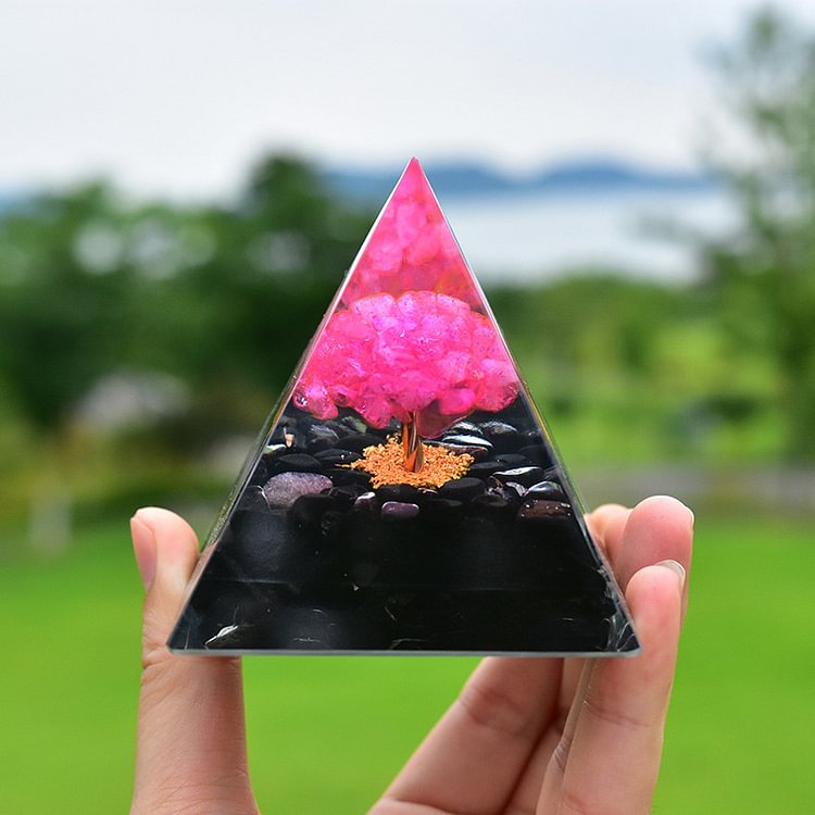 Obsidian with Pink Crystal Healing Orgone Pyramid