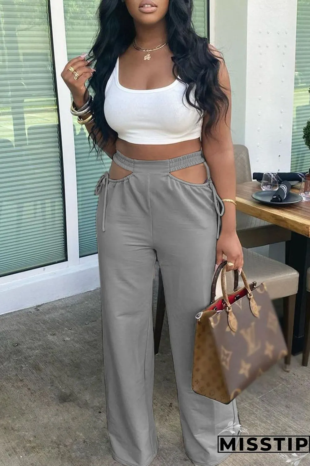 Grey Casual Solid Hollowed Out Draw String Boot Cut Wide Leg Patchwork Bottoms