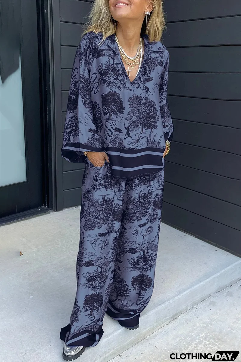 Casual Street Floral Print Distressed Draw String Pocket V Neck Long Sleeve Two Pieces(8 Colors)