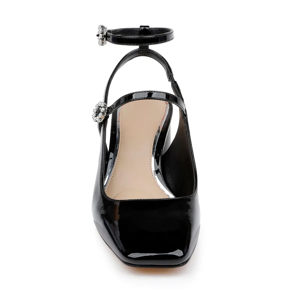 Black Patent Leather Block Heel Ankle Strap Slingback Pumps for Women