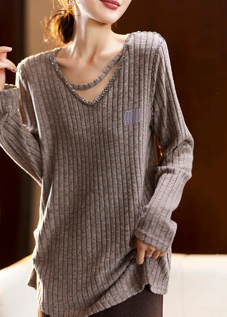 Plus Size Coffee V Neck Nail Bead Patchwork Knit Top Spring