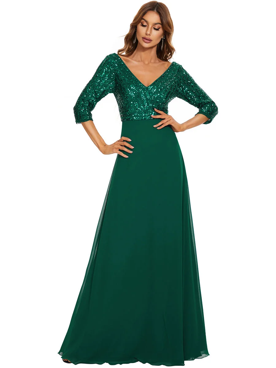Sexy V Neck A-Line Sequin Wholesale Evening Dresses With 3/4 Sleeve