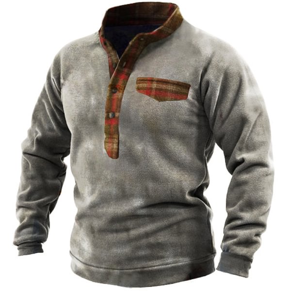 Mens Checkerboard Plaid Outdoor Warm Henley Button Tactical Sweatshirt-Compassnice®