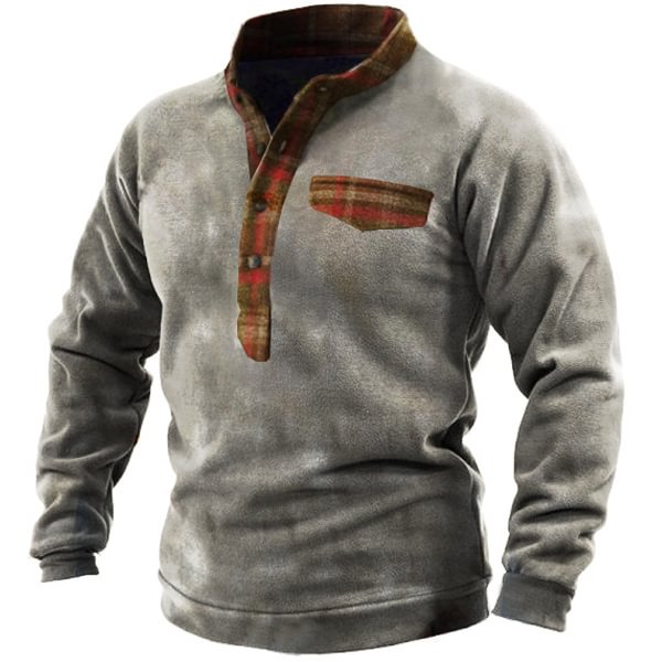 Mens Checkerboard Plaid Outdoor Warm Henley Button Tactical Sweatshirt