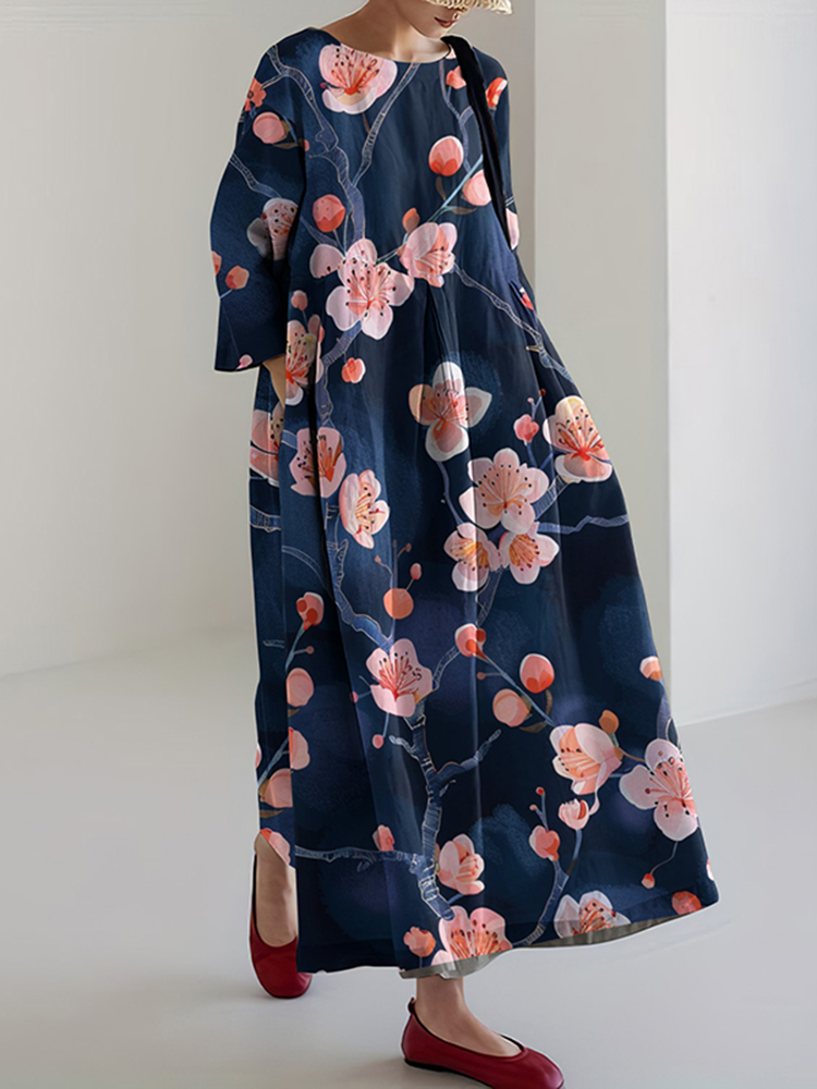 Comstylish Japanese Art Flower Print Long Sleeve Casual Midi Dress