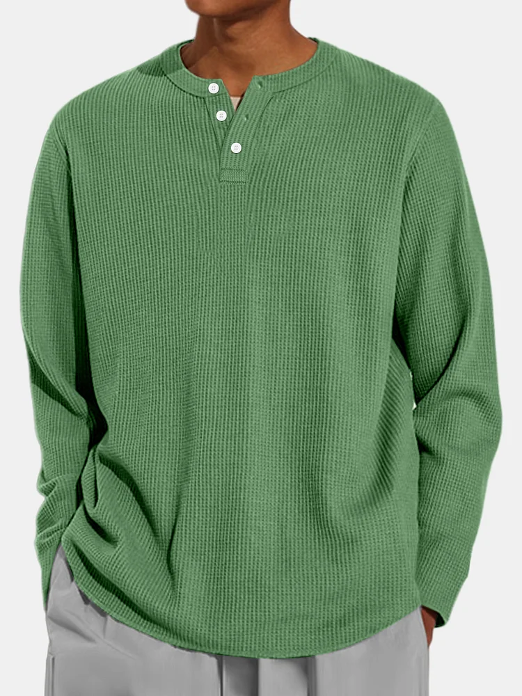 Men's Casual Waffle Solid Color Comfort Long Sleeve Henley
