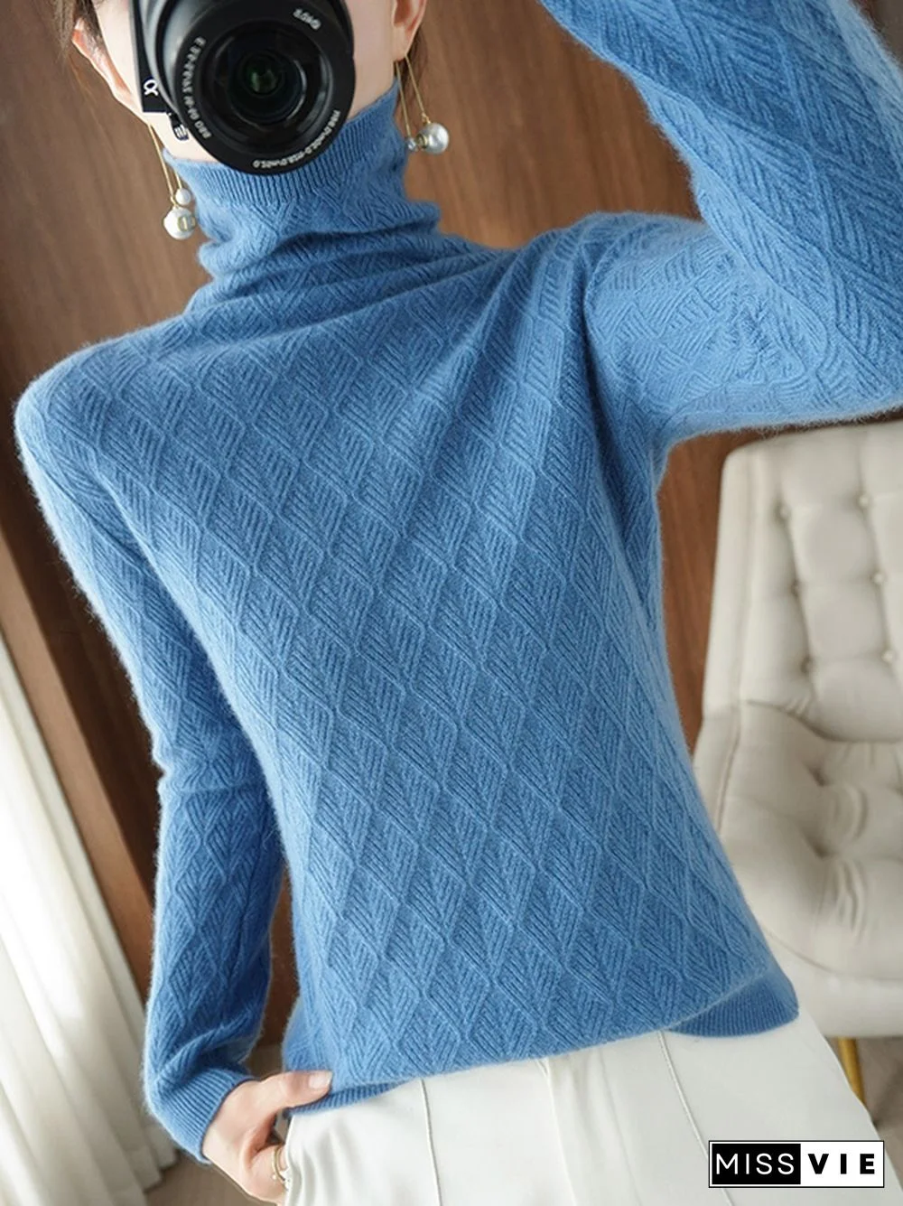 Solid Color Long Sleeves High-Neck Sweater Tops