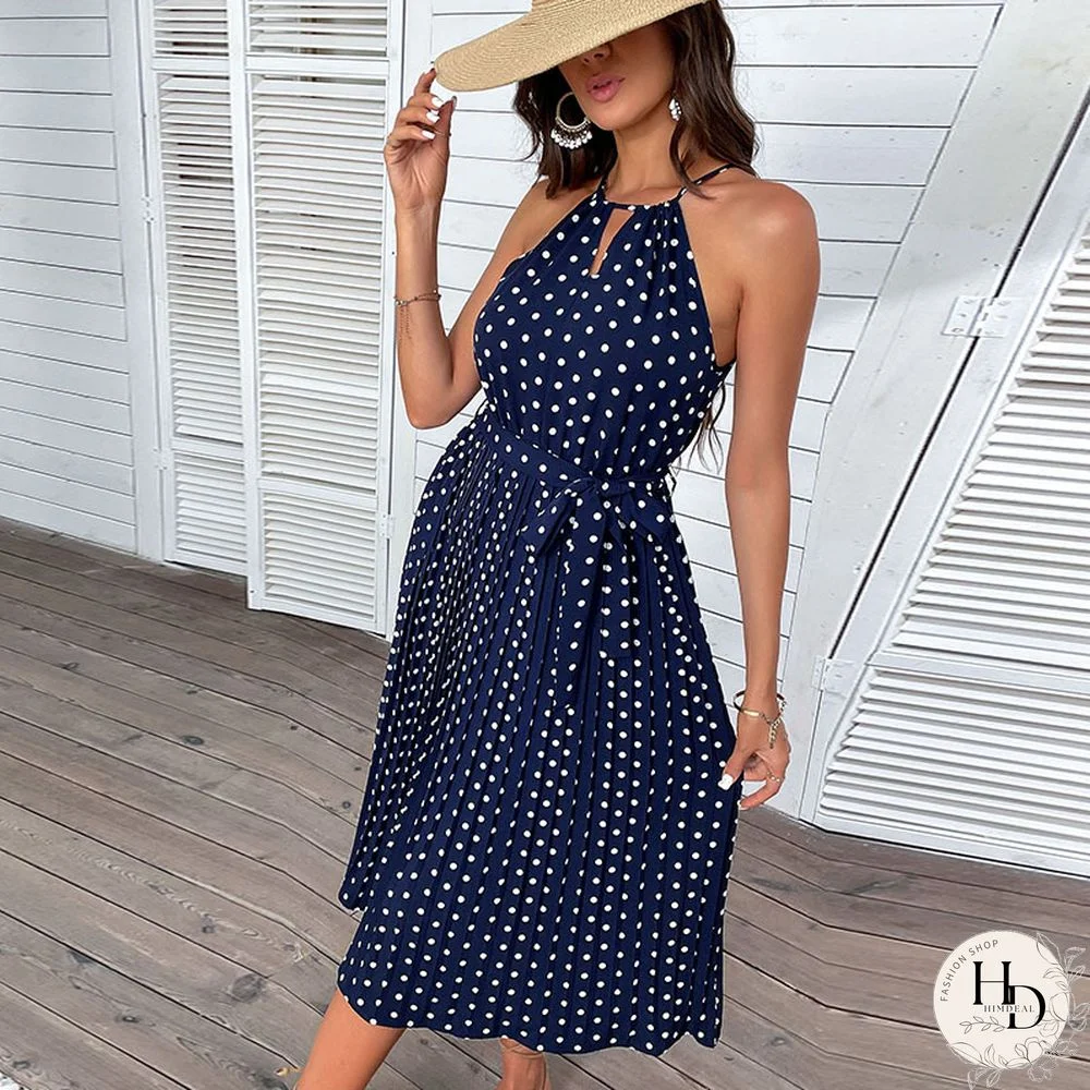 Sexy Halter Dress Women Summer Dresses New Casual Office Lady Slim Blue Dot Print Lace-up Waist Beach Holiday Midi Dress