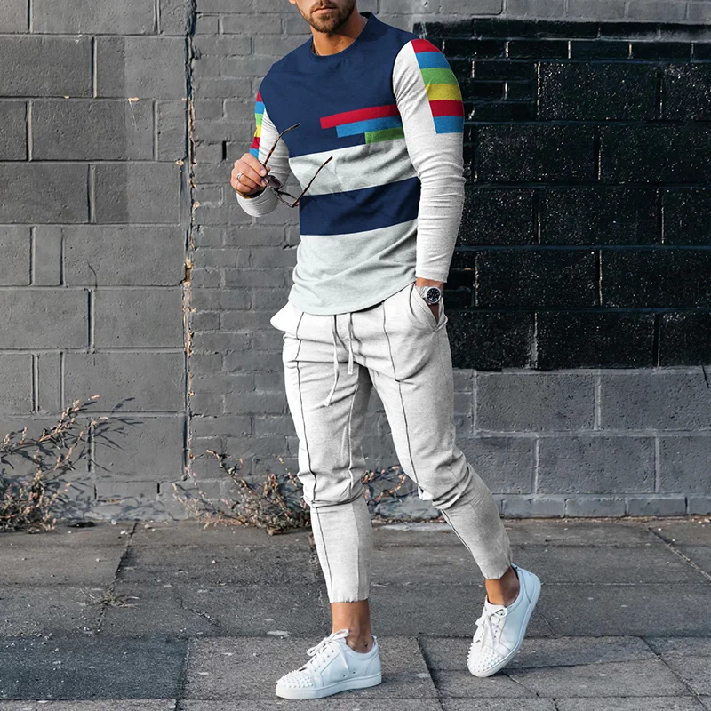 Color Block Contrast Long Sleeve T-Shirt And Pants Two Piece Set