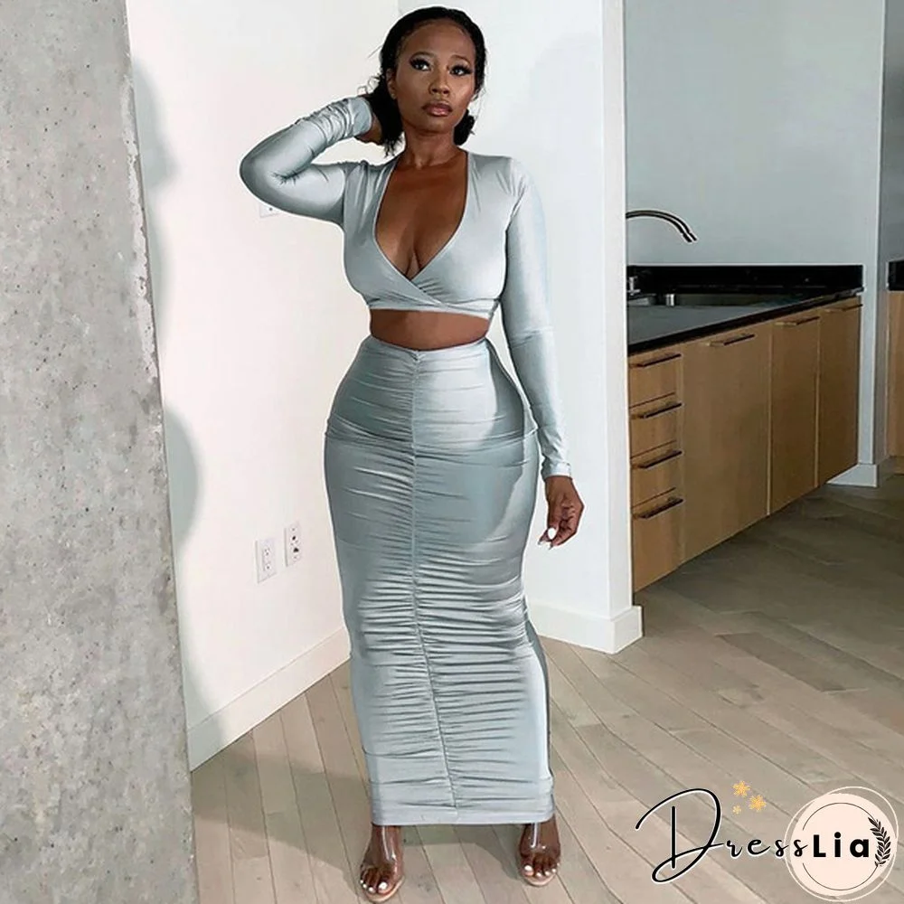 V Neck Ruched Party Co-Ord Sets Women Clubwear Long Sleeve Bodycon Skinny Crop Top And Skirt 2 Piece Outfit