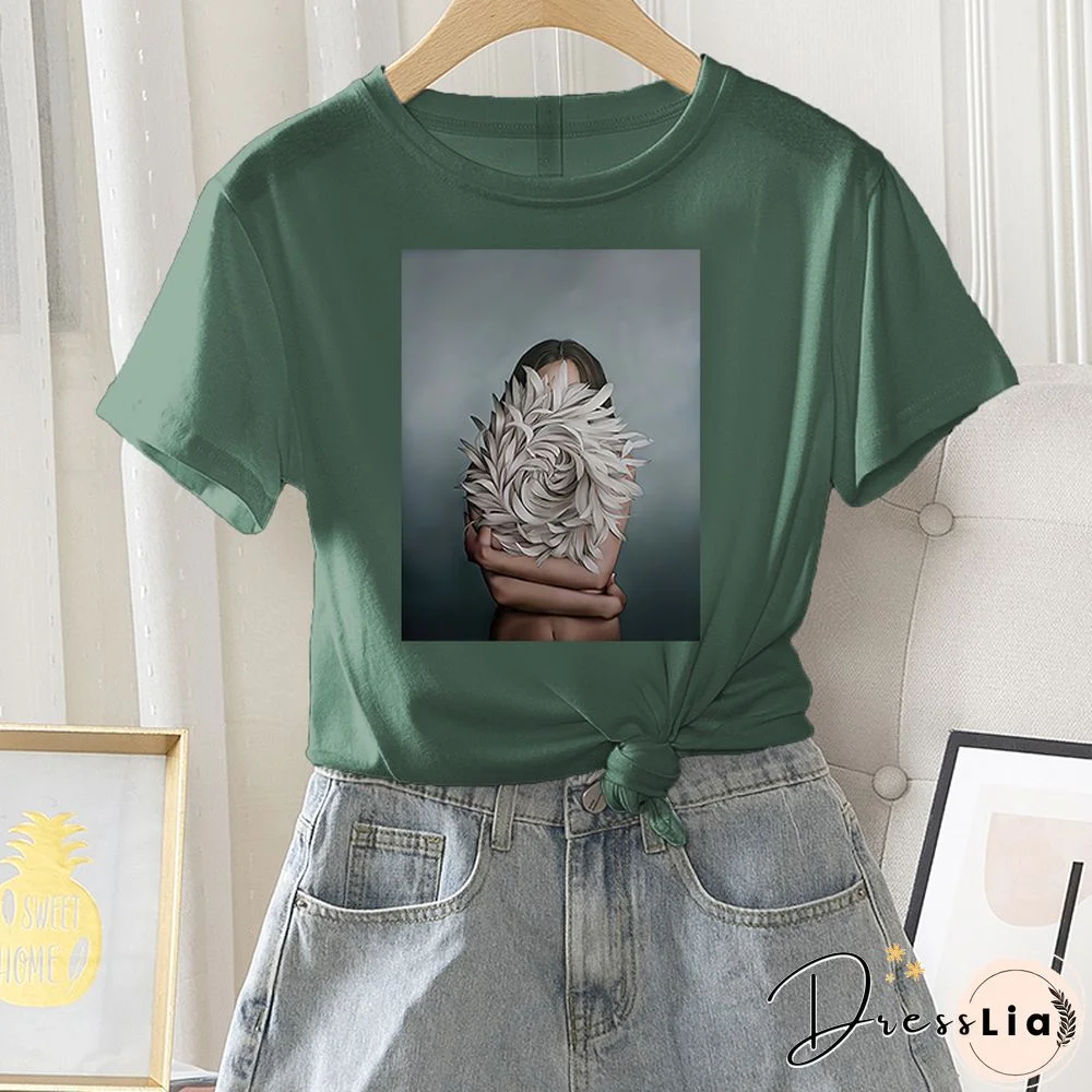 Summer Casual Women T-shirt 100% Cotton Short Sleeve Flower Photo Print Female Graphic Vintage T Shirt Ladies Round Neck Tee Top