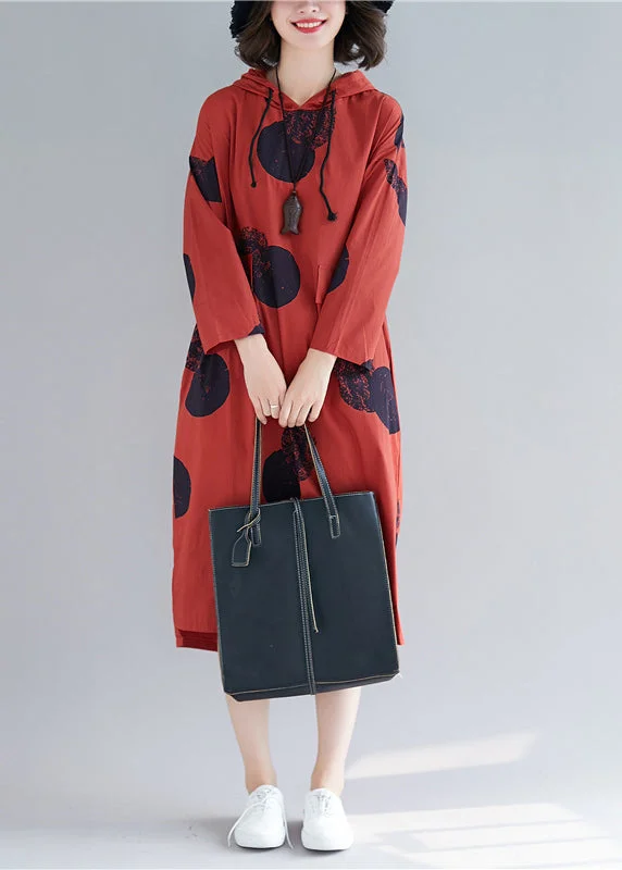 Women Red Hooded Print Cotton Loose Sweatshirt Dress Fall
