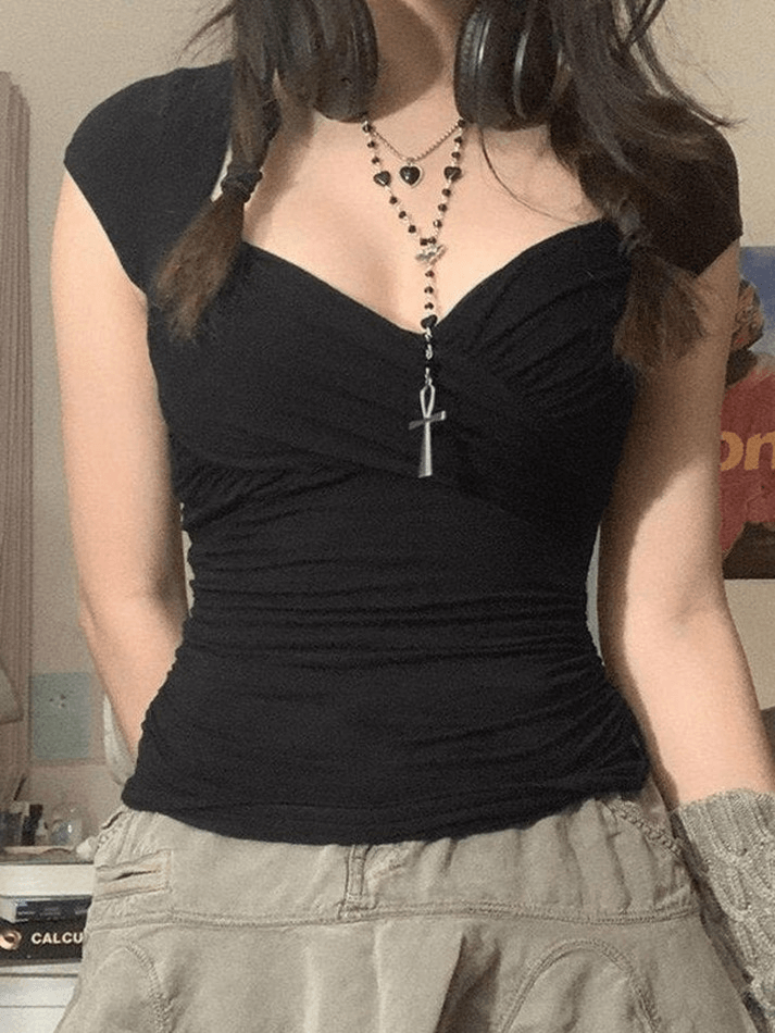 Criss Cross Ruched V Neck Tee