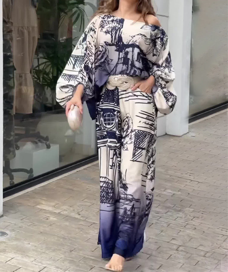 Women 3/4 Sleeve One Shoulder Printed Tops And Wide Leg Pants Sets