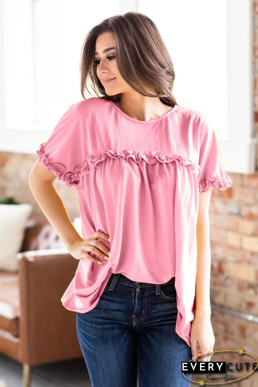 Pink Ruffled Detail T-shirt