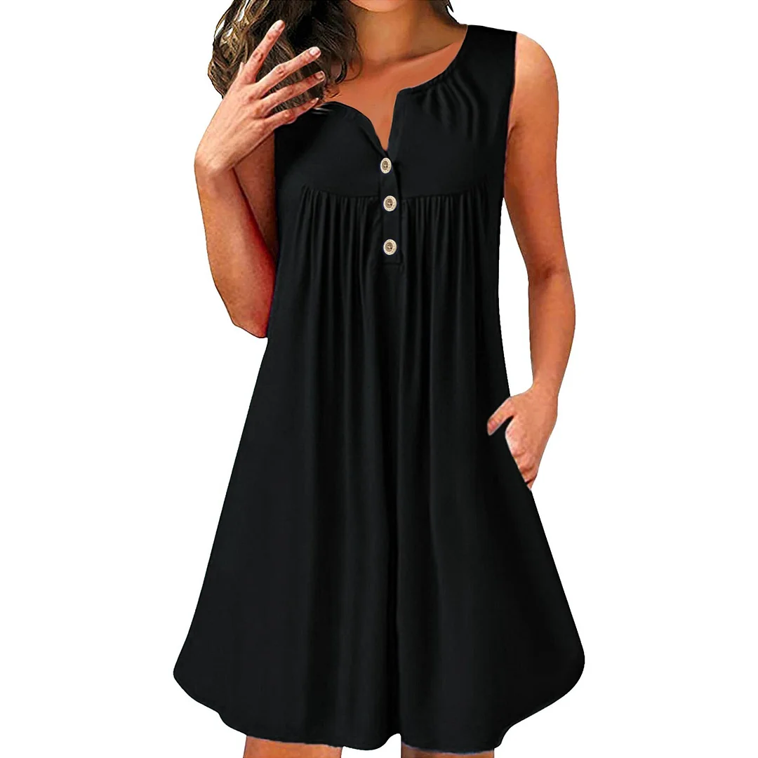 Elegant Button Down Elastic Waist Swing Women Dresses Summer Casual Sleeveless V Neck T-shirt Tank Dress Beach Cover Up Dress