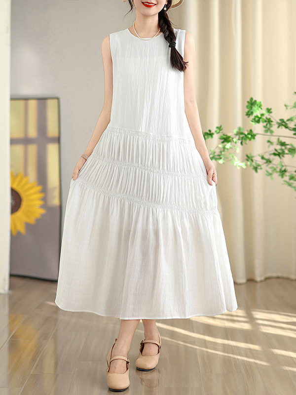 Sleeveless Round Neck Tiered Solid Color Loose Maxi Dress