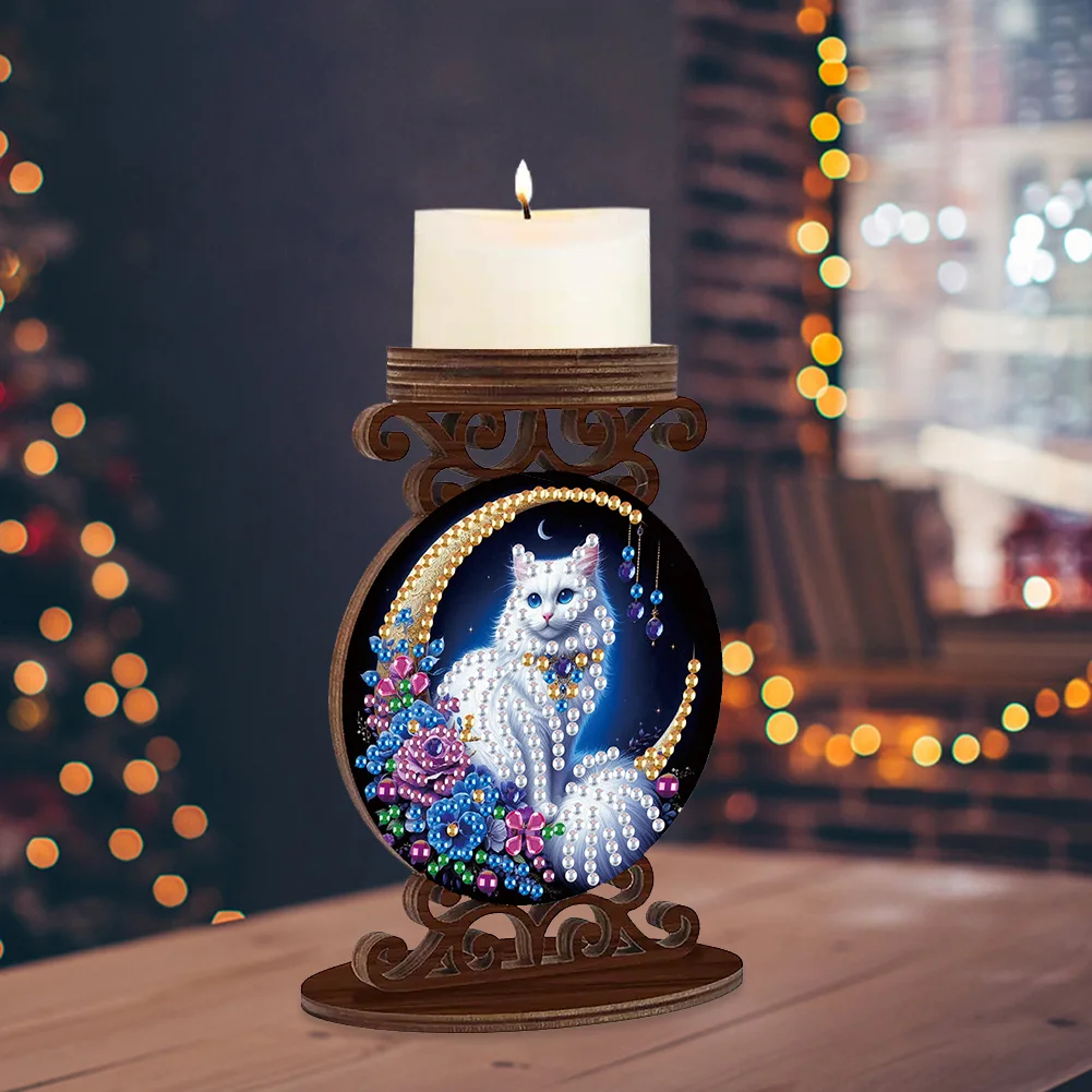 Wooden Diamond Painting Candle Holder Rhinestone Candlestick Decor (Cat)