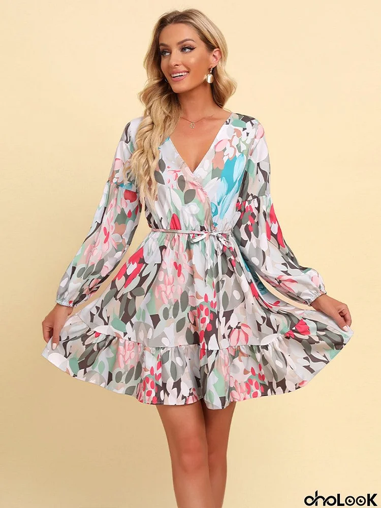 Full Size Printed Tie-Waist Puff Sleeve Surplice Dress