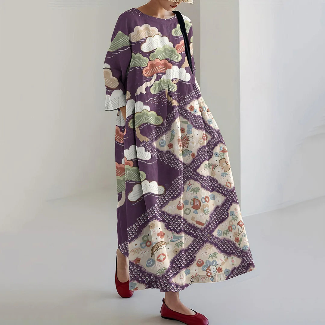 Japanese Art Print Loose Casual Midi Dress