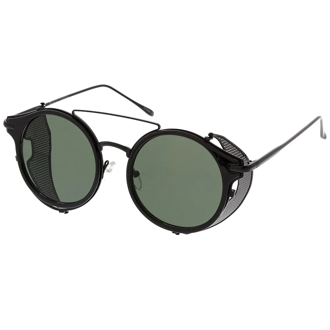 Steampunk Round Horn Rimmed glasses Double Crossbar Fold In Side Covers Flat Lens 54mm