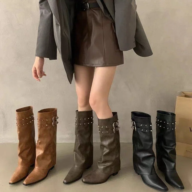 Yyvonne Trouser Boots Women Design Double Buckle With Sharp Head Thick Heel Retro High-Heeled Boots Hot Girl High Boots Tide Women's Shoes