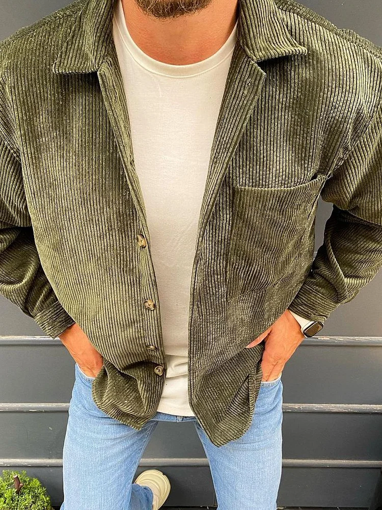 Corduroy Army Green Pockets Long Sleeve Jacket