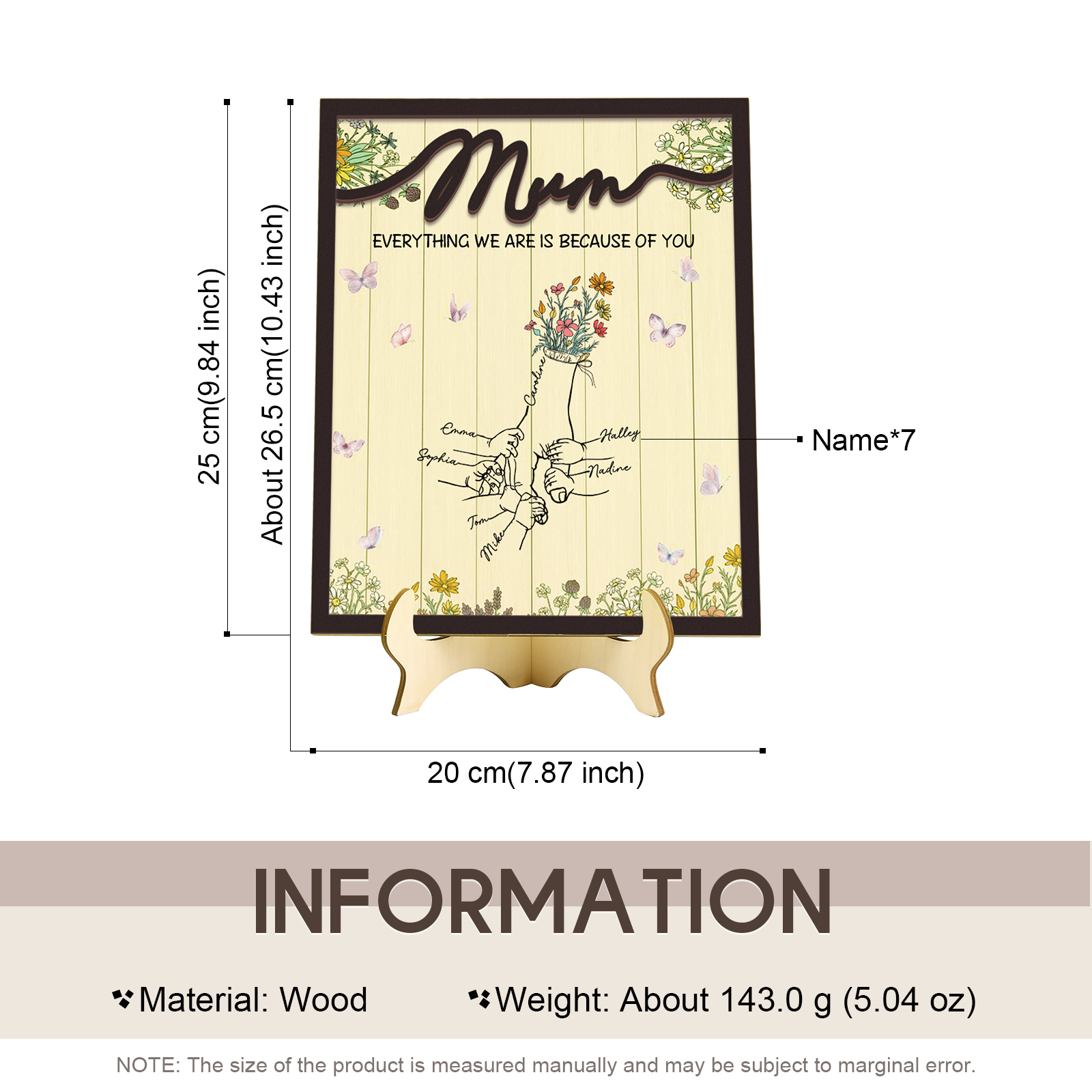 Personalised 7 Names Wooden Plaque Holding Mum's Hand Desktop Decoration With Stand - EVERYTHING WE ARE IS BECAUSE OF YOU-Jessemade AU