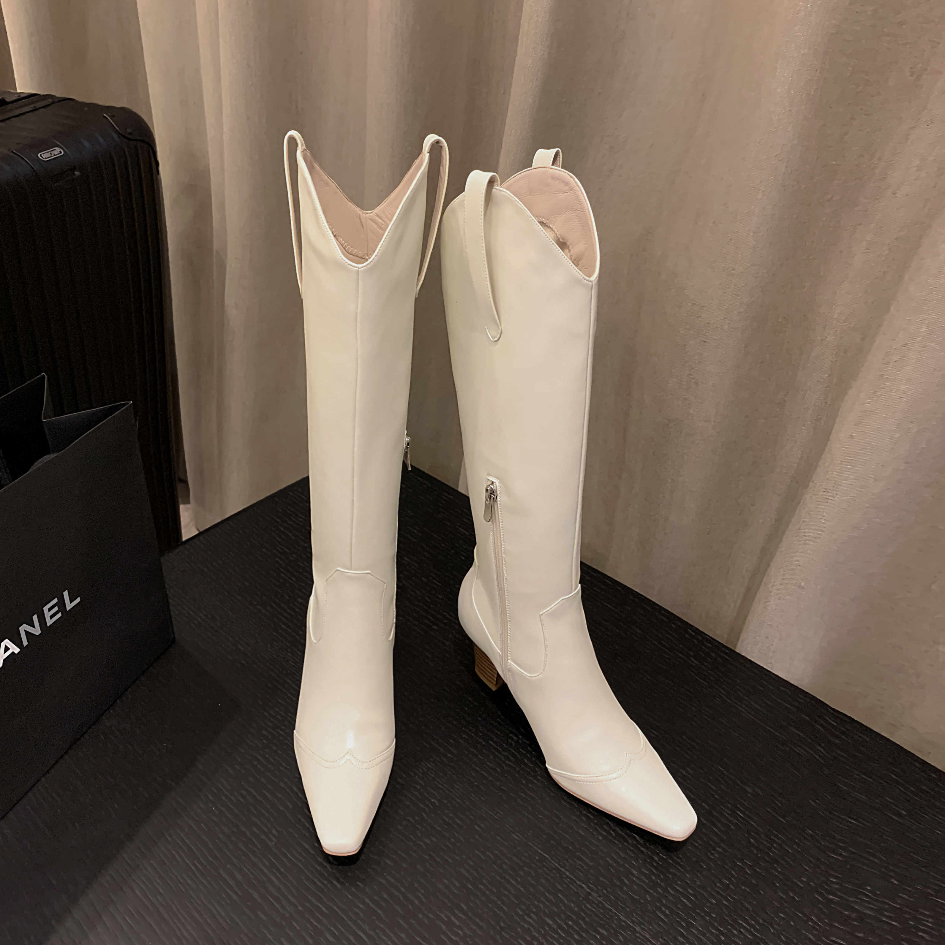 50mm Women Side Zip Block Heel Square Toe Western Boots-vocosishoes