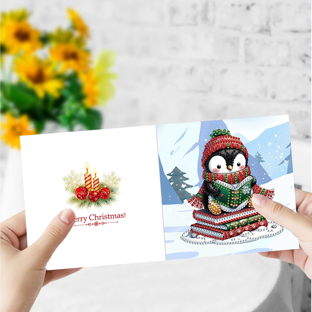 6pcs DIY Christmas Penguin DIY Diamond Painting Greeting Card for Friends Family Gift【With White Envelope】