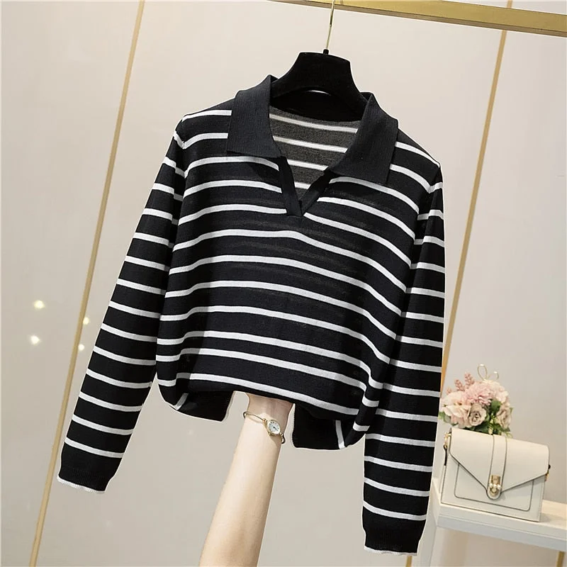 Syiwidii Striped Sweater Women Fall 2021 Casual Basic Long Sleeve V Neck Vintage Pullovers Korean Tops Elegant Office Jumpers