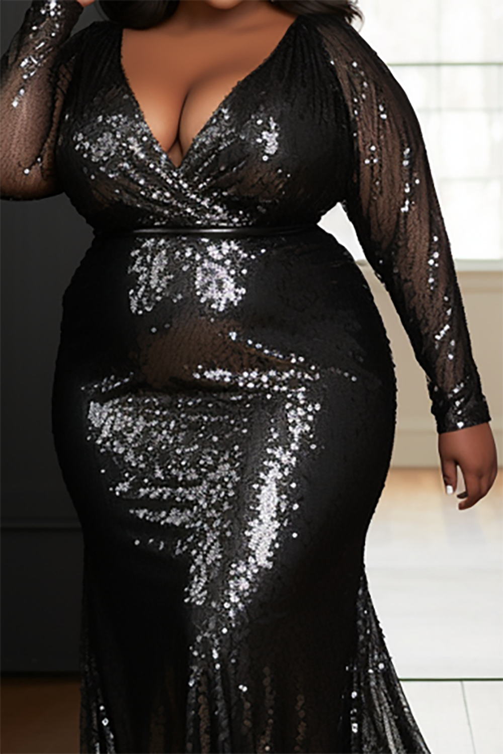 Design Plus Size Formal Elegant Black Wrap Neck Long Sleeve Mermaid Sequin Maxi Dresses [Pre-Order]