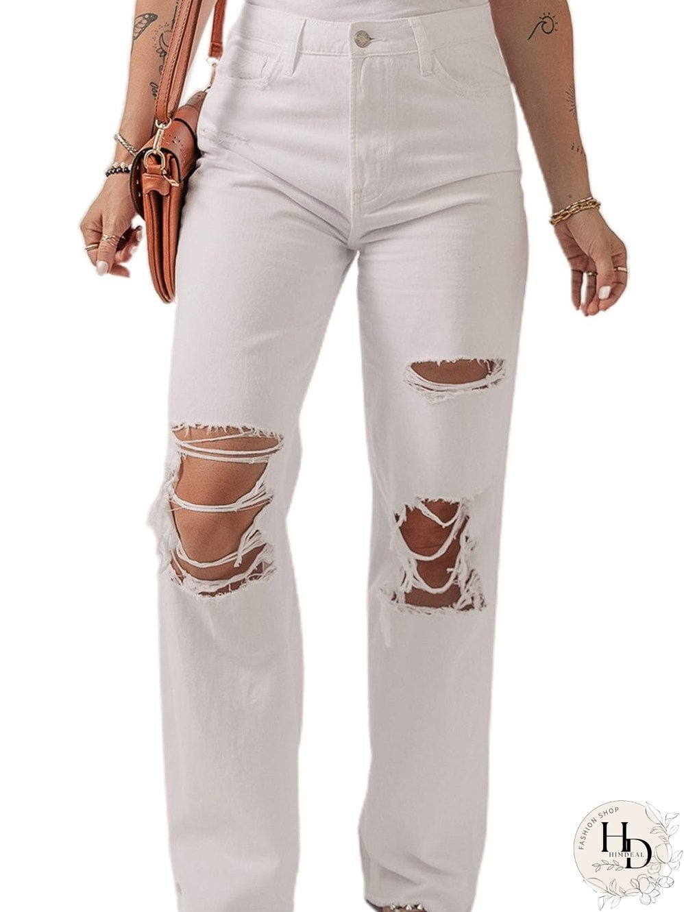 White Distressed Straight Leg Denim Jeans