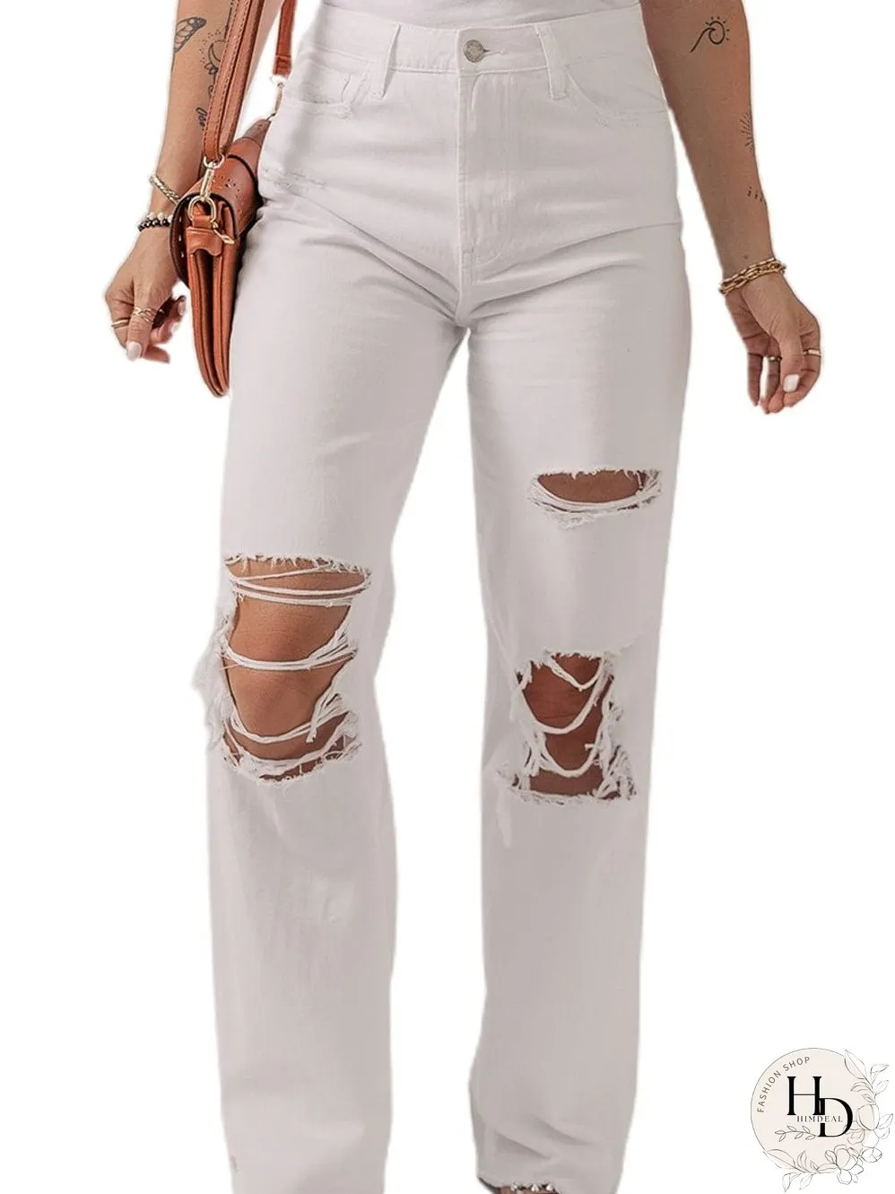 White Distressed Straight Leg Denim Jeans