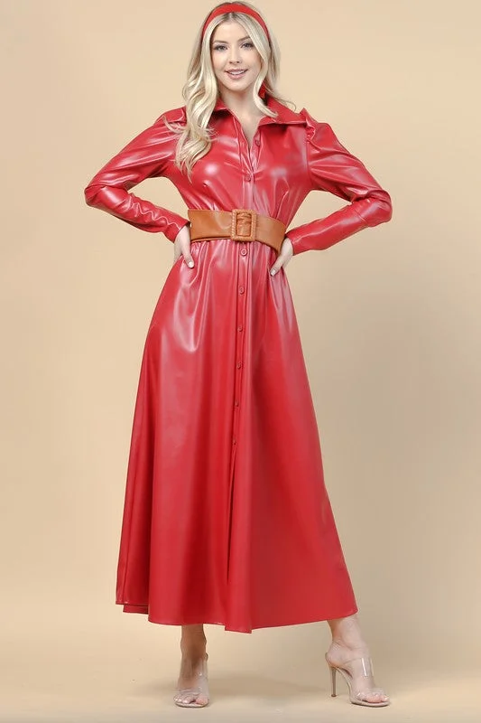 Red Faux Leather Duster Long sleeves Jacket Dress Top