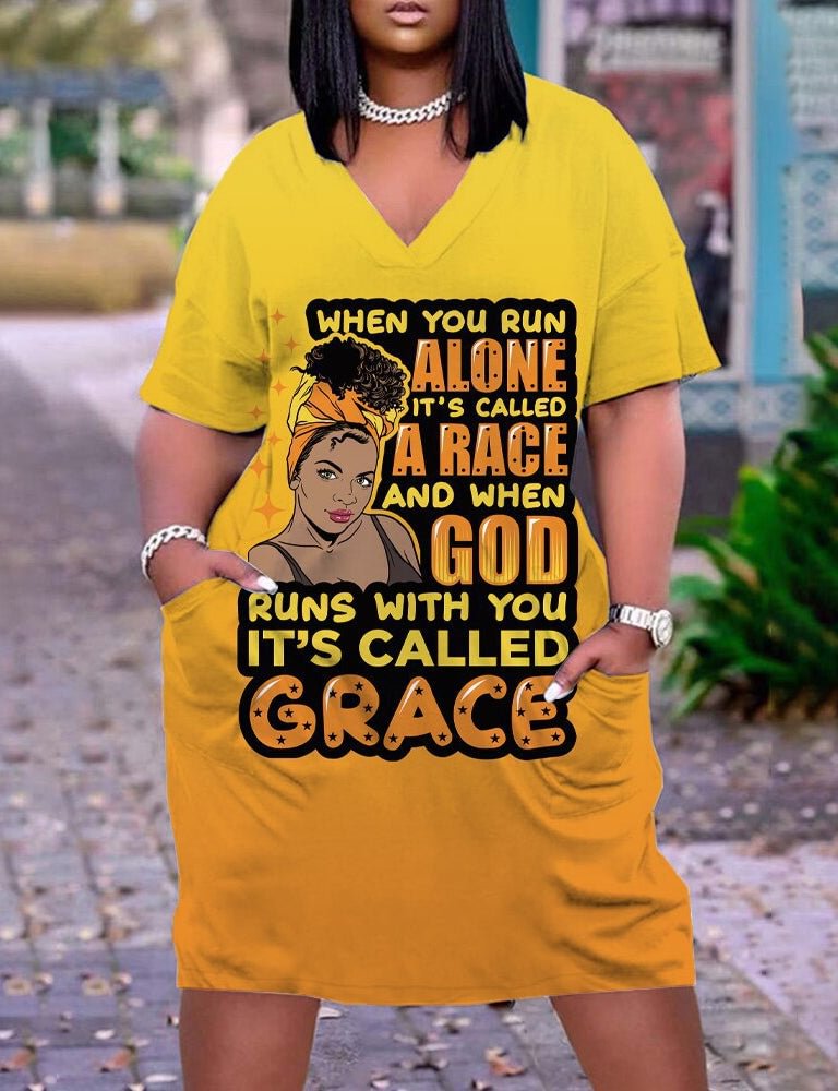 IT'S CALLED GRACE  Print Plus Size V Neck Mid Sleeve Dress