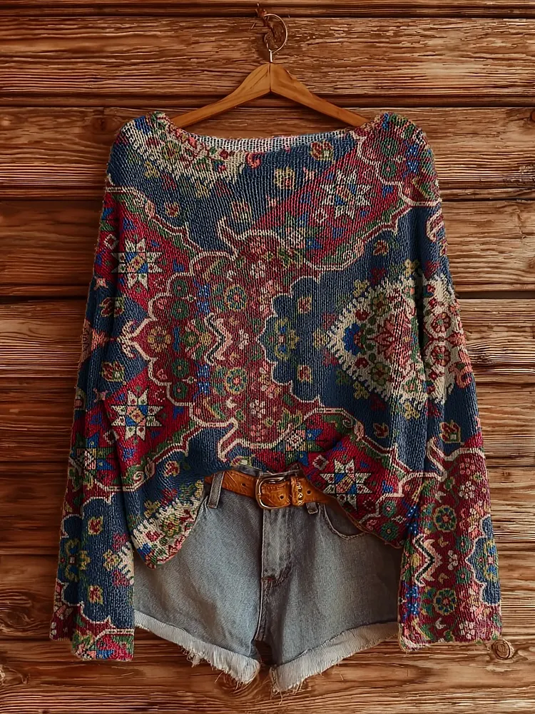 Women's Retro Ethnic Totem Art Print Casual Pullover Sweater