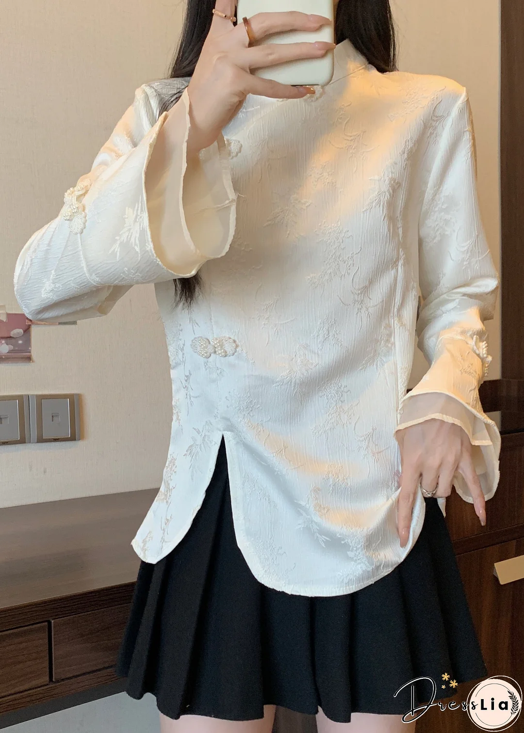 Vintage Apricot Stand Collar Jacquard Oriental Button Cotton Top Fall