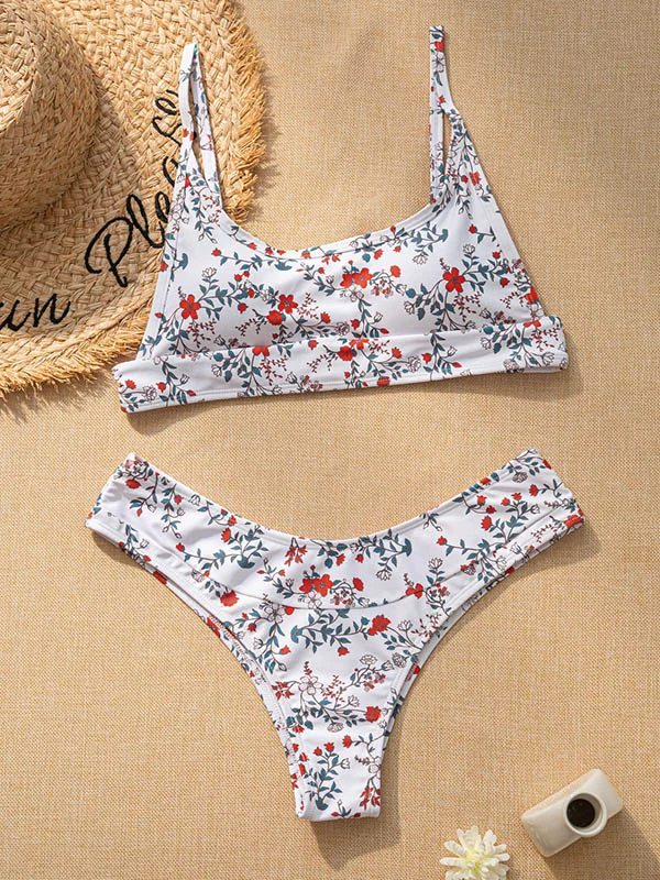 Floral-Print Spaghetti-Neck U-Neck Split Bikini Swimsuit