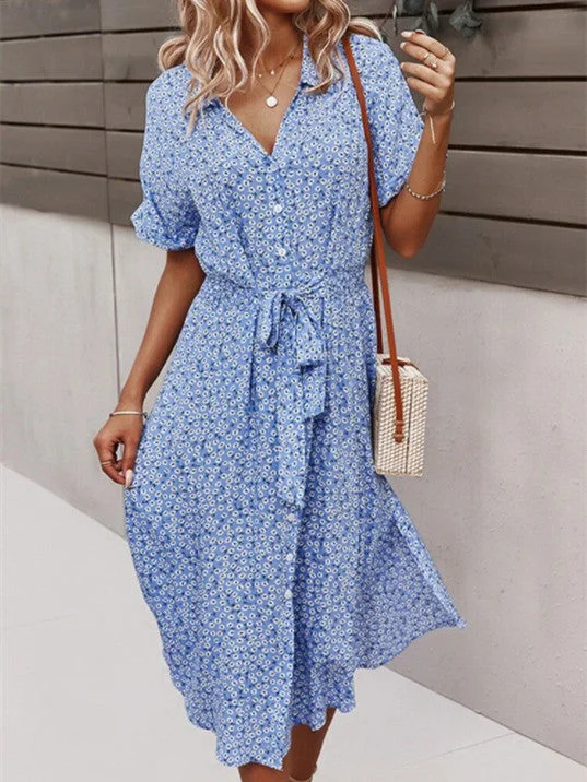 Women's Summer Short Sleeve V Neck Button Tie Floral Loose Fashion Dress
