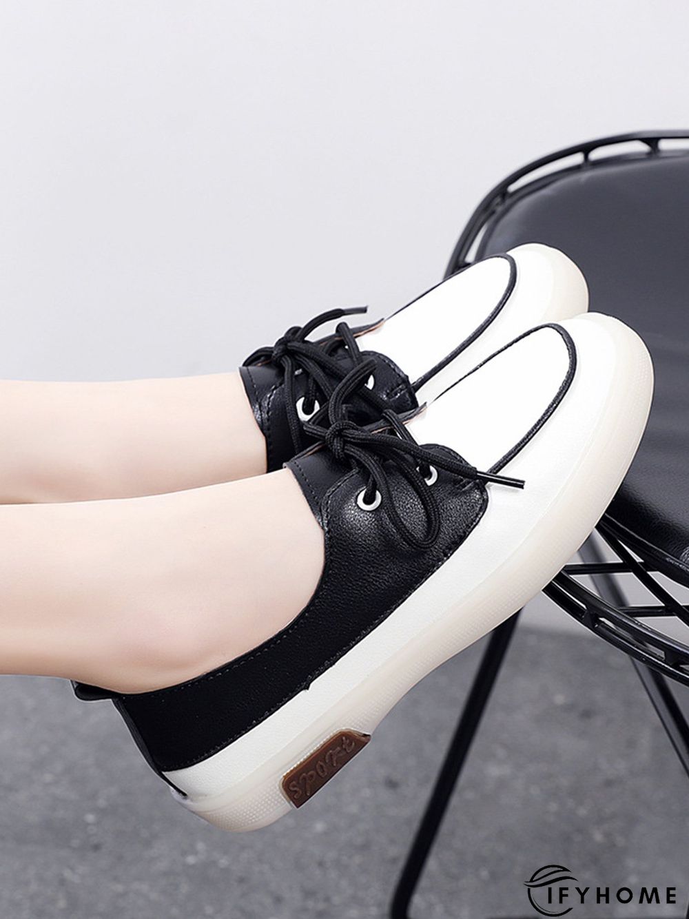 Casual Split Joint Color Block Leather Lace Up Flat Shoes | IFYHOME