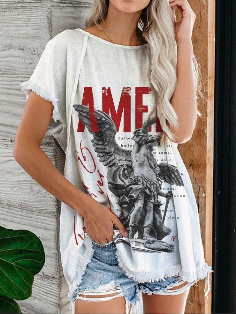 White Amen Letter Print Women's Tassel T-Shirt 