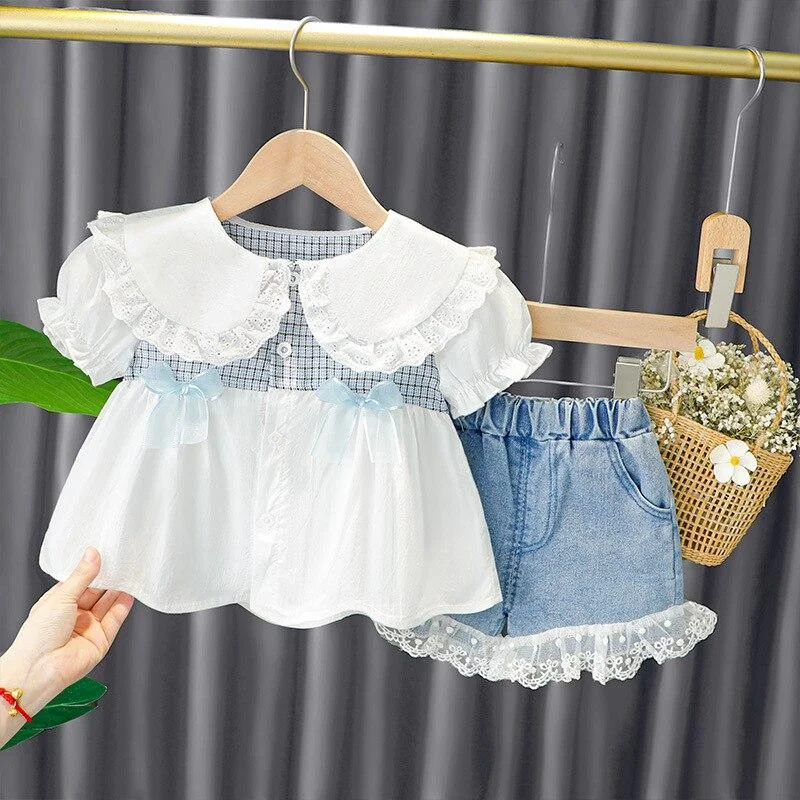 Sweet Flower Girl dress 1 2 3 4 Years Children Summer ClotheFashion Pure Cotton Princess Plaid Shirt Puff Sleeve Lace Shorts Set