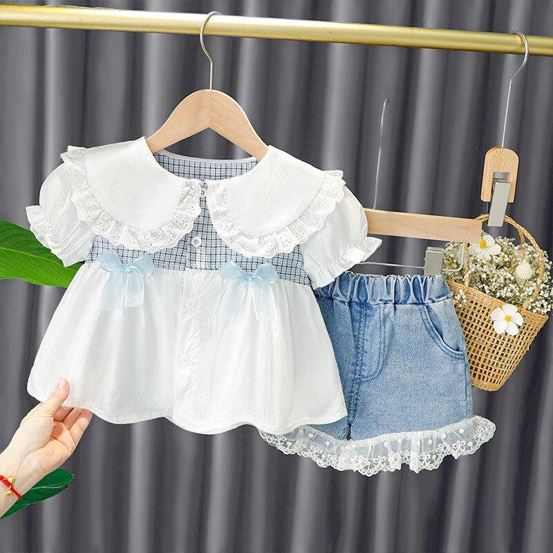 Sweet Flower Girl dress 1 2 3 4 Years Children Summer ClotheFashion Pure Cotton Princess Plaid Shirt Puff Sleeve Lace Shorts Set