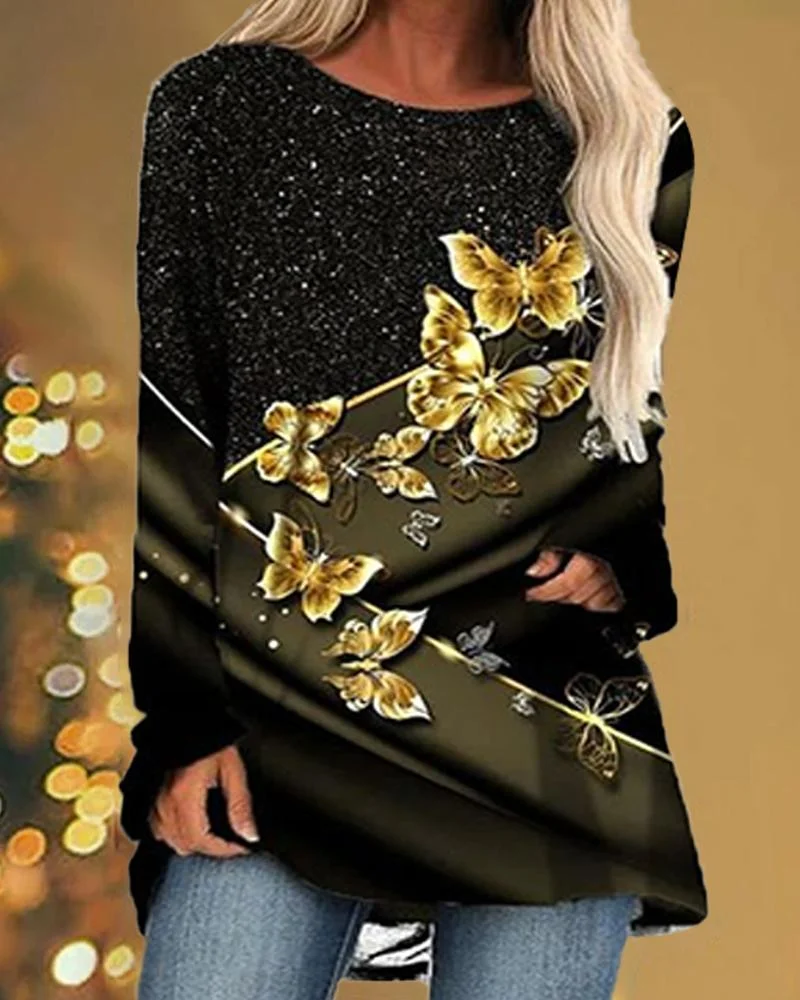 Round Neck Butterfly Pattern Casual Women's Top