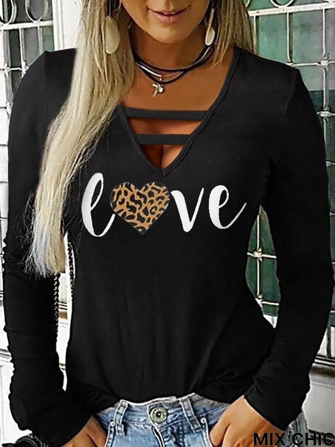 Black Letter Printed Long Sleeve Cutout Sexy Casual Party Top