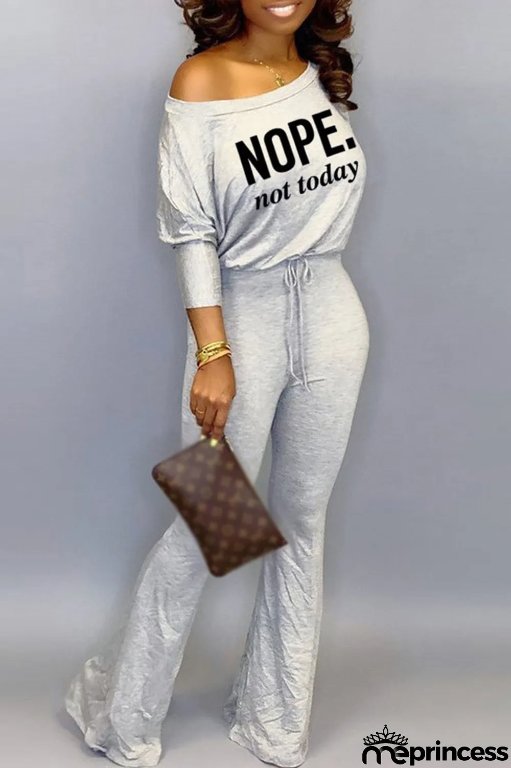 Grey Casual Print Split Joint Oblique Collar Regular Jumpsuits