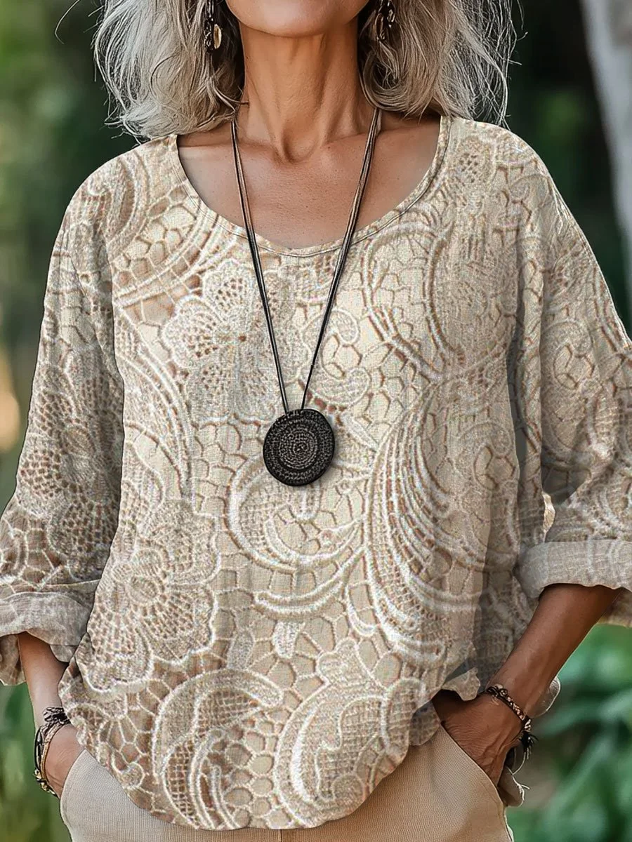 Women's Lace Texture  Art  Print Casual Cotton And Linen Shirt